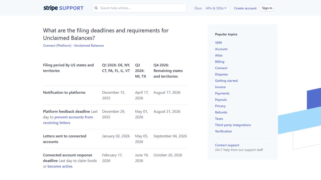 What are the filing deadlines and requirements for Unclaimed Balances? : Stripe: Help & Support